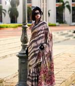grey-white satin print saree with unstitched blouse piece