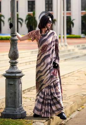grey-white satin print saree with unstitched blouse piece 2