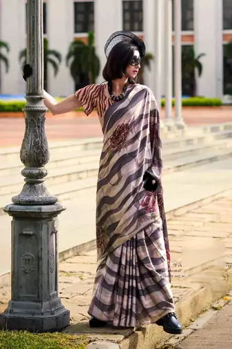 grey-white satin print saree with unstitched blouse piece