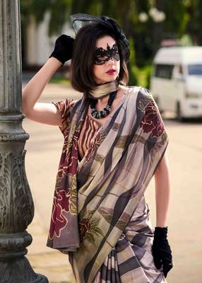 grey-white satin print saree with unstitched blouse piece 3