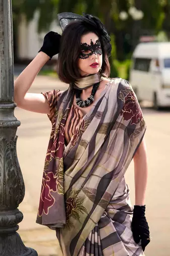 grey-white satin print saree with unstitched blouse piece