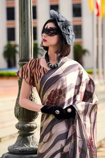 grey-white satin print saree with unstitched blouse piece