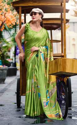 parrot green satin print saree with unstitched blouse piece 1