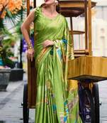 parrot green satin print saree with unstitched blouse piece