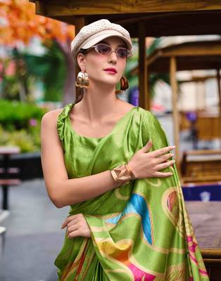 parrot green satin print saree with unstitched blouse piece 2