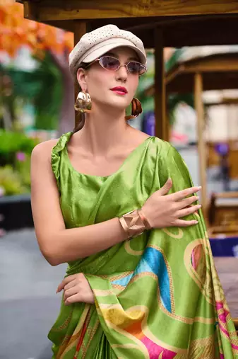 parrot green satin print saree with unstitched blouse piece