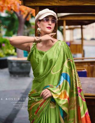 parrot green satin print saree with unstitched blouse piece 3
