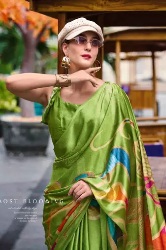parrot green satin print saree with unstitched blouse piece