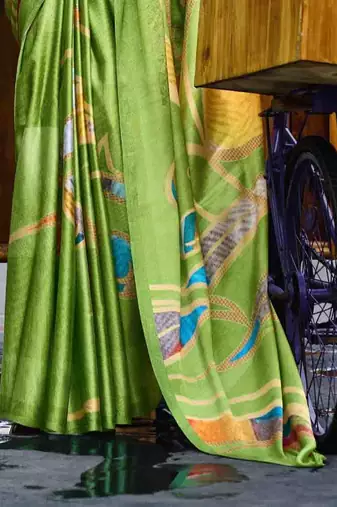 parrot green satin print saree with unstitched blouse piece