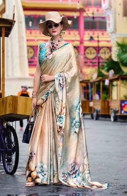 cream satin print saree with unstitched blouse piece 1