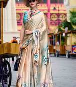 cream satin print saree with unstitched blouse piece