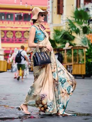 cream satin print saree with unstitched blouse piece 2