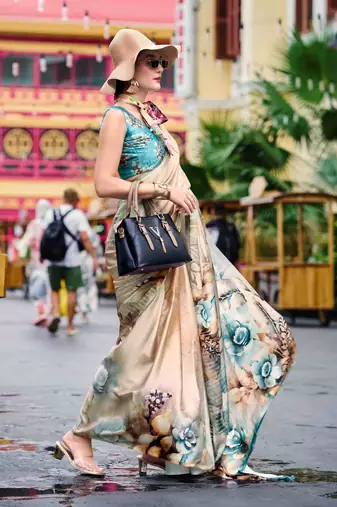 cream satin print saree with unstitched blouse piece