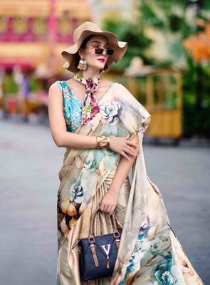 cream satin print saree with unstitched blouse piece 3