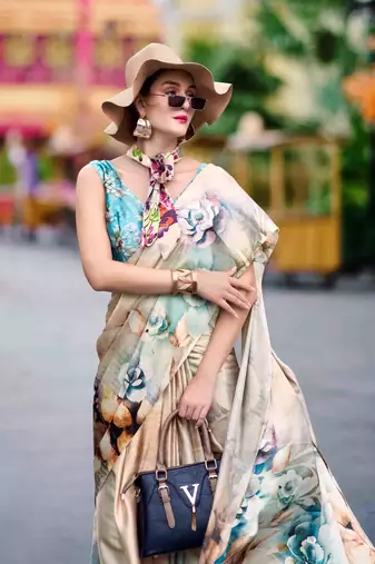 cream satin print saree with unstitched blouse piece