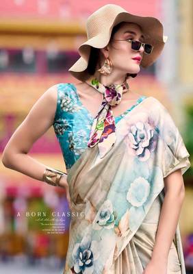 cream satin print saree with unstitched blouse piece 4