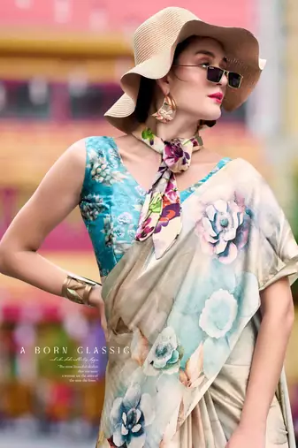 cream satin print saree with unstitched blouse piece