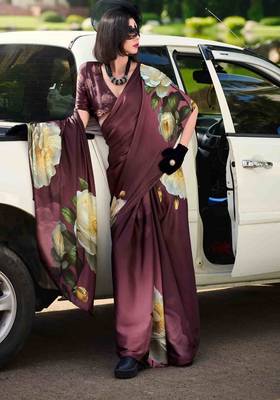 burgundy satin print saree with unstitched blouse piece 1