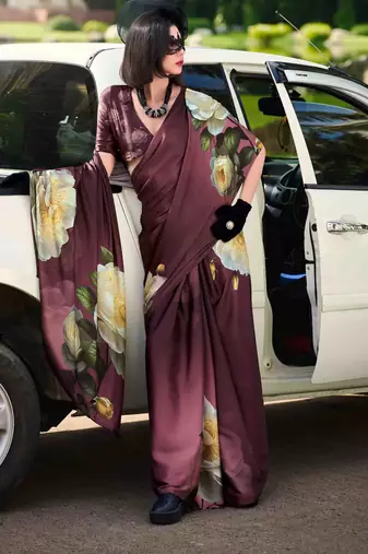 burgundy satin print saree with unstitched blouse piece