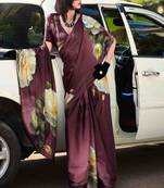 burgundy satin print saree with unstitched blouse piece