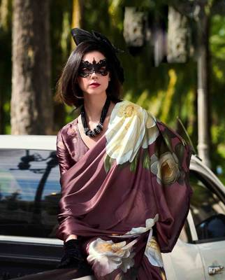burgundy satin print saree with unstitched blouse piece 2