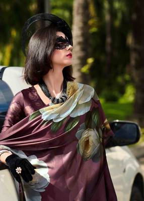 burgundy satin print saree with unstitched blouse piece 3