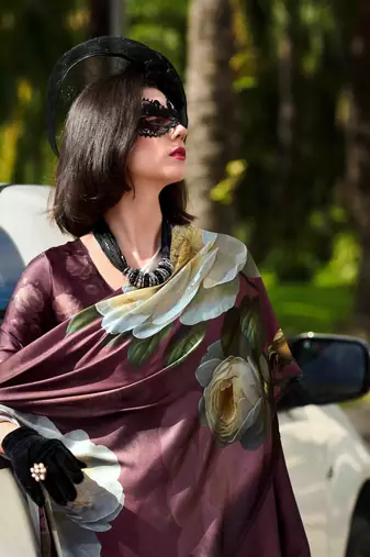 burgundy satin print saree with unstitched blouse piece