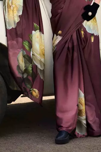 burgundy satin print saree with unstitched blouse piece