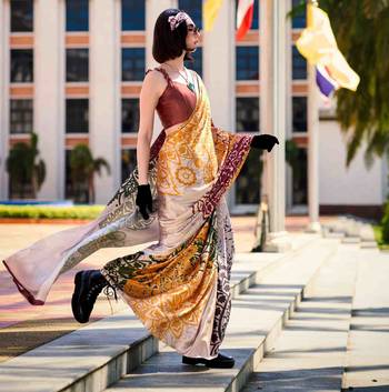 multicolor satin print saree with unstitched blouse piece 2
