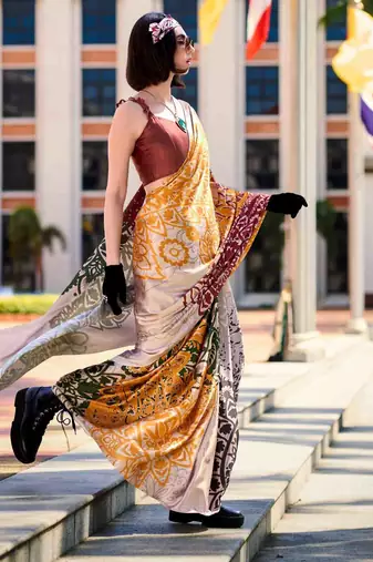 multicolor satin print saree with unstitched blouse piece