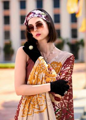 multicolor satin print saree with unstitched blouse piece 3