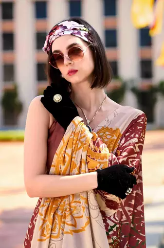 multicolor satin print saree with unstitched blouse piece