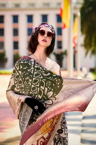 multicolor satin print saree with unstitched blouse piece