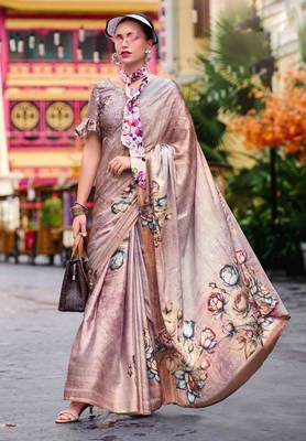 mauve satin print saree with unstitched blouse piece 1