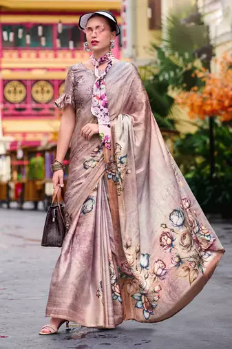 mauve satin print saree with unstitched blouse piece