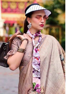 mauve satin print saree with unstitched blouse piece 2