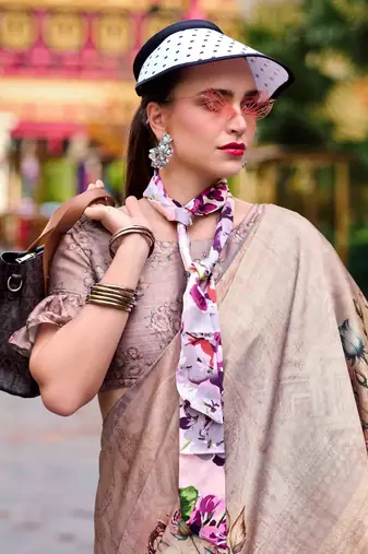 mauve satin print saree with unstitched blouse piece