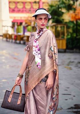 mauve satin print saree with unstitched blouse piece 3