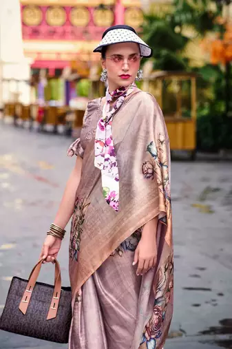 mauve satin print saree with unstitched blouse piece