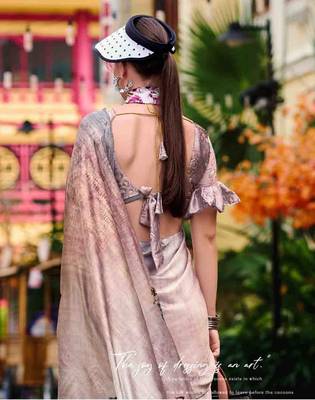 mauve satin print saree with unstitched blouse piece 4