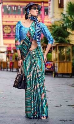 green satin print saree with unstitched blouse piece 1