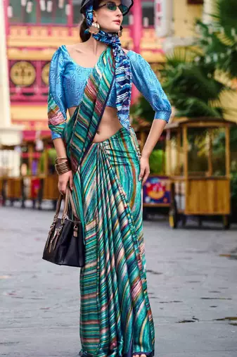 green satin print saree with unstitched blouse piece