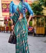 green satin print saree with unstitched blouse piece