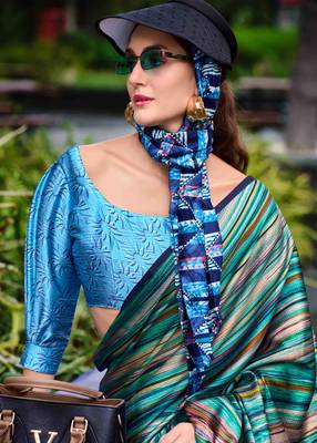 green satin print saree with unstitched blouse piece 2
