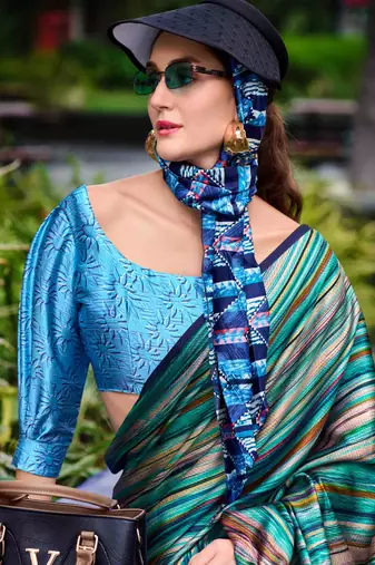 green satin print saree with unstitched blouse piece