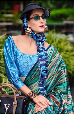 green satin print saree with unstitched blouse piece 3