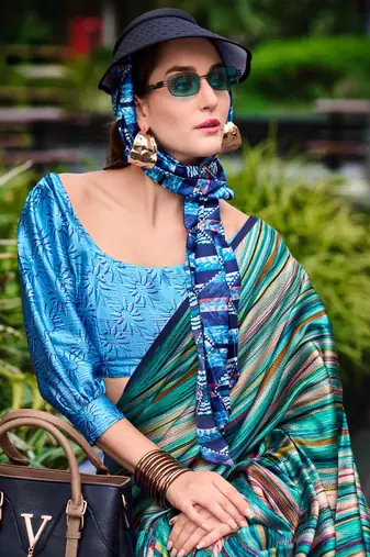 green satin print saree with unstitched blouse piece