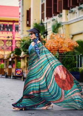green satin print saree with unstitched blouse piece 4