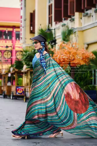 green satin print saree with unstitched blouse piece