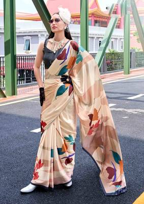 cream satin print saree with unstitched blouse piece 1